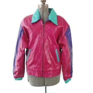 Vintage 80's Colorblock Leather Bomber Jacket Sz L